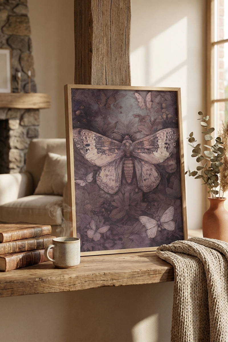 Cuadro decorativo de mariposa con marco de madera y diseño vintage en tonos neutros.