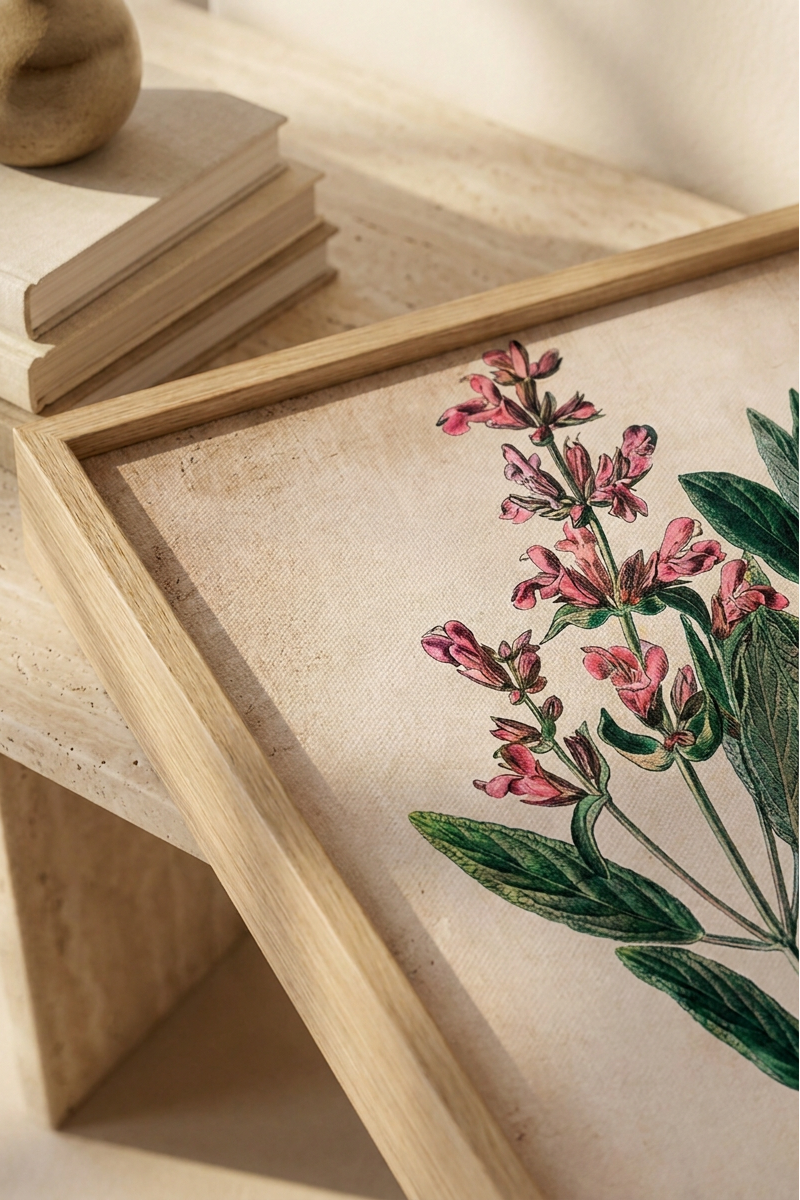 Cuadro botánico con ilustración de flores rosadas y marco de madera para decoración del hogar.