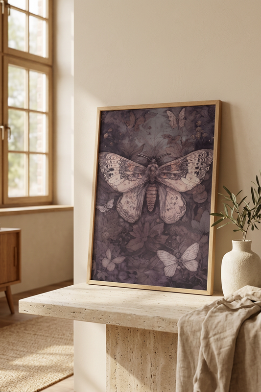Cuadro decorativo de mariposa con marco de madera y diseño vintage en tonos neutros.