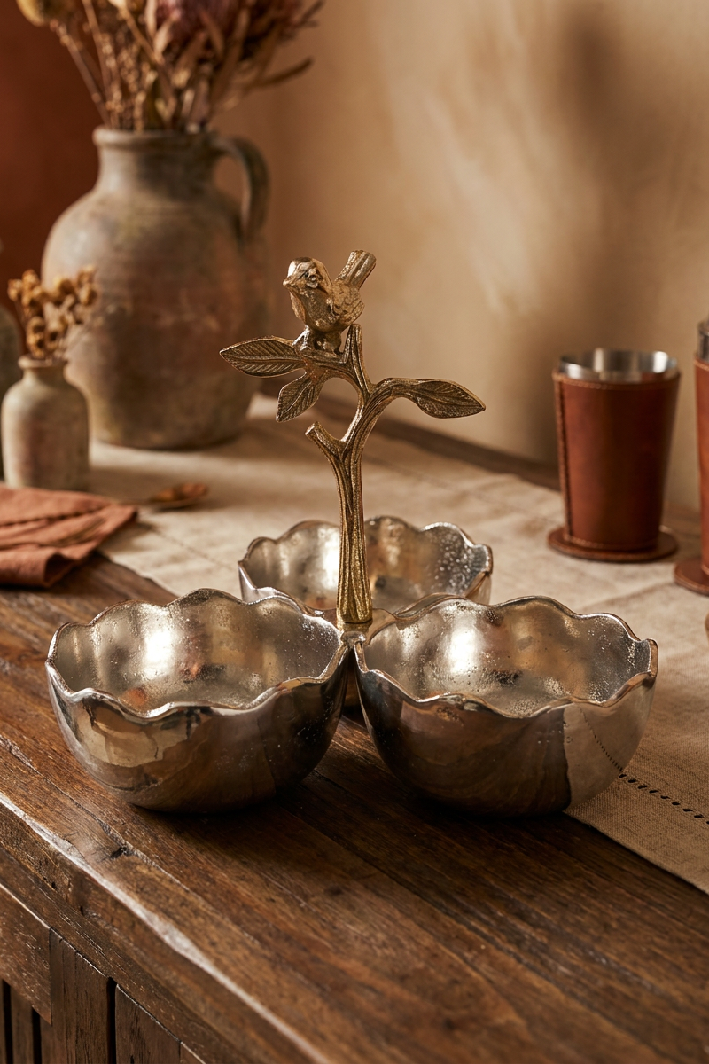 Bowl triple decorativo de metal con tres recipientes plateados y figura de pájaro en acabado dorado envejecido.