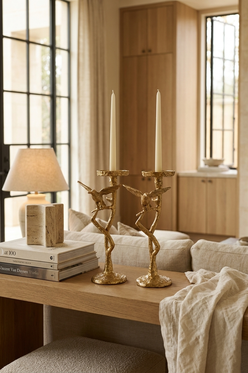 Candelabro decorativo colibrí dorado de metal para vela de candelero, ideal para decorar mesas, consolas y comedores con un estilo elegante.