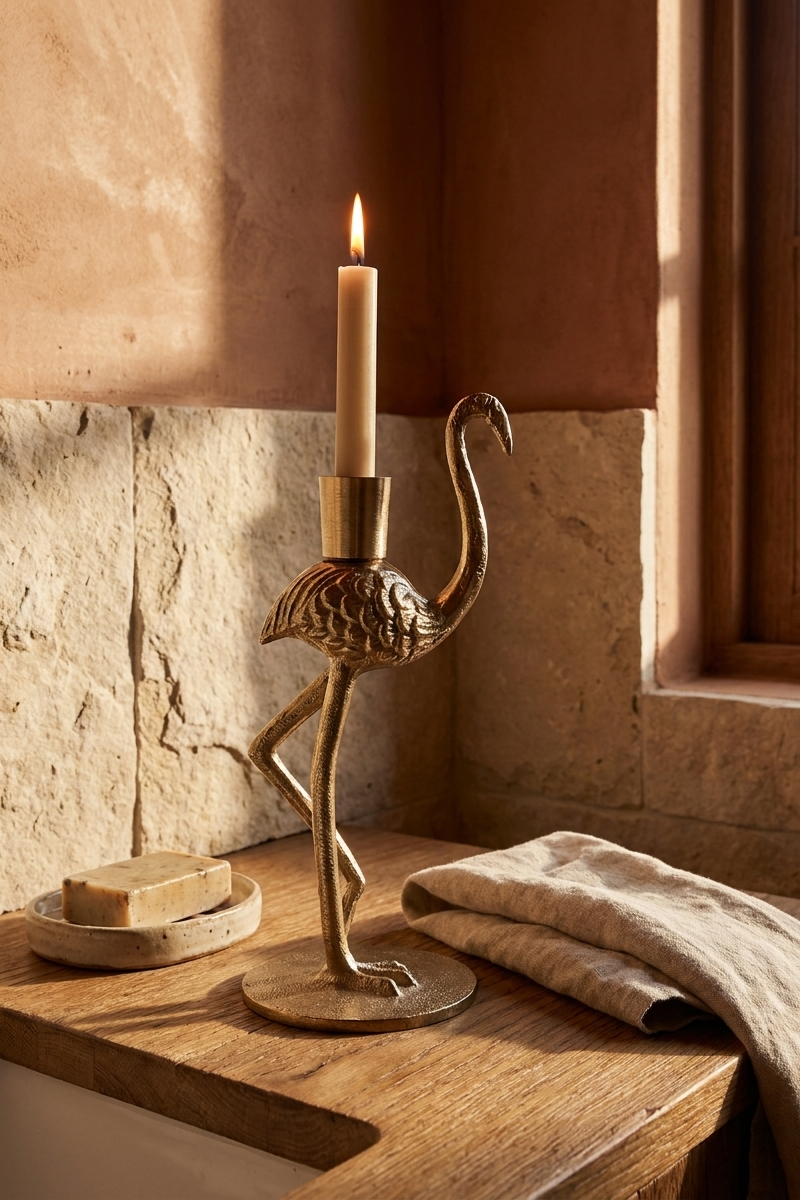 Candelabro decorativo flamingo dorado de metal para mesa de comedor o consola.
