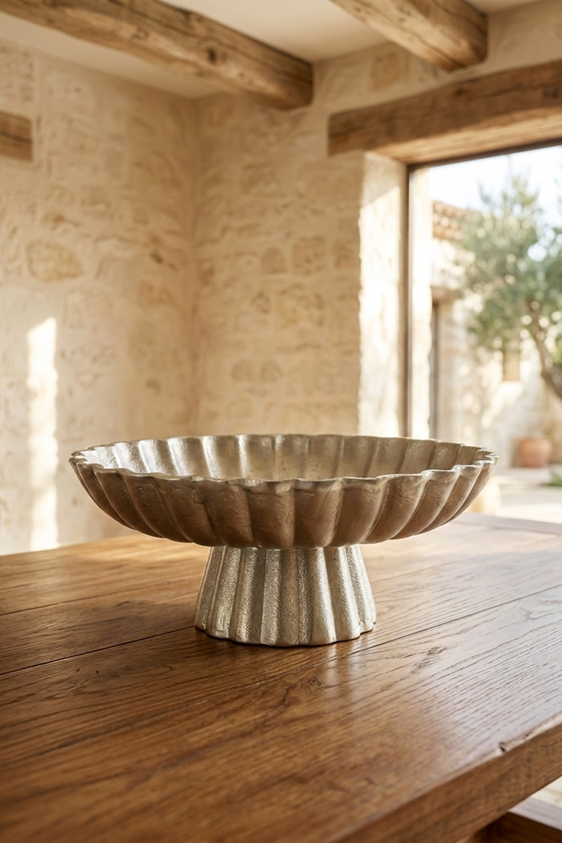 Centro de mesa ondulado dorado en metal con base pedestal, ideal para decorar mesas de comedor, consolas o mesas de centro.