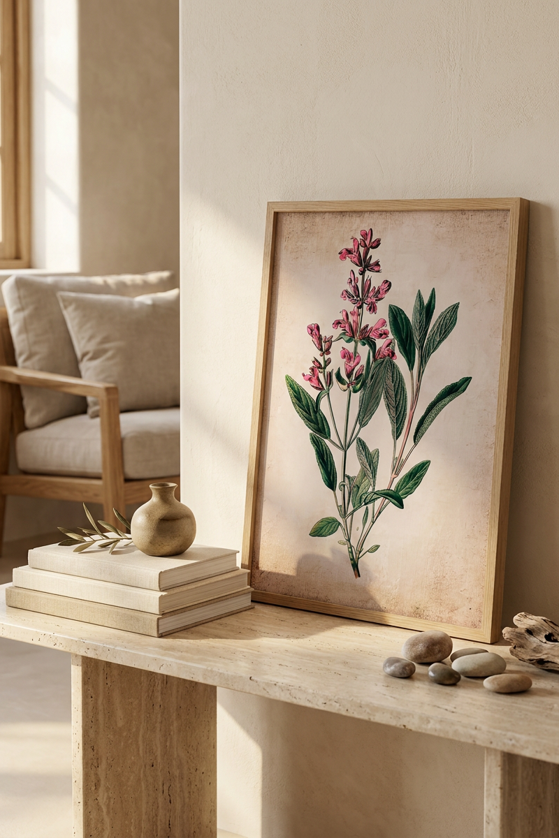 Cuadro botánico floral con marco de madera en estilo vintage para decorar salas, habitaciones y espacios del hogar.