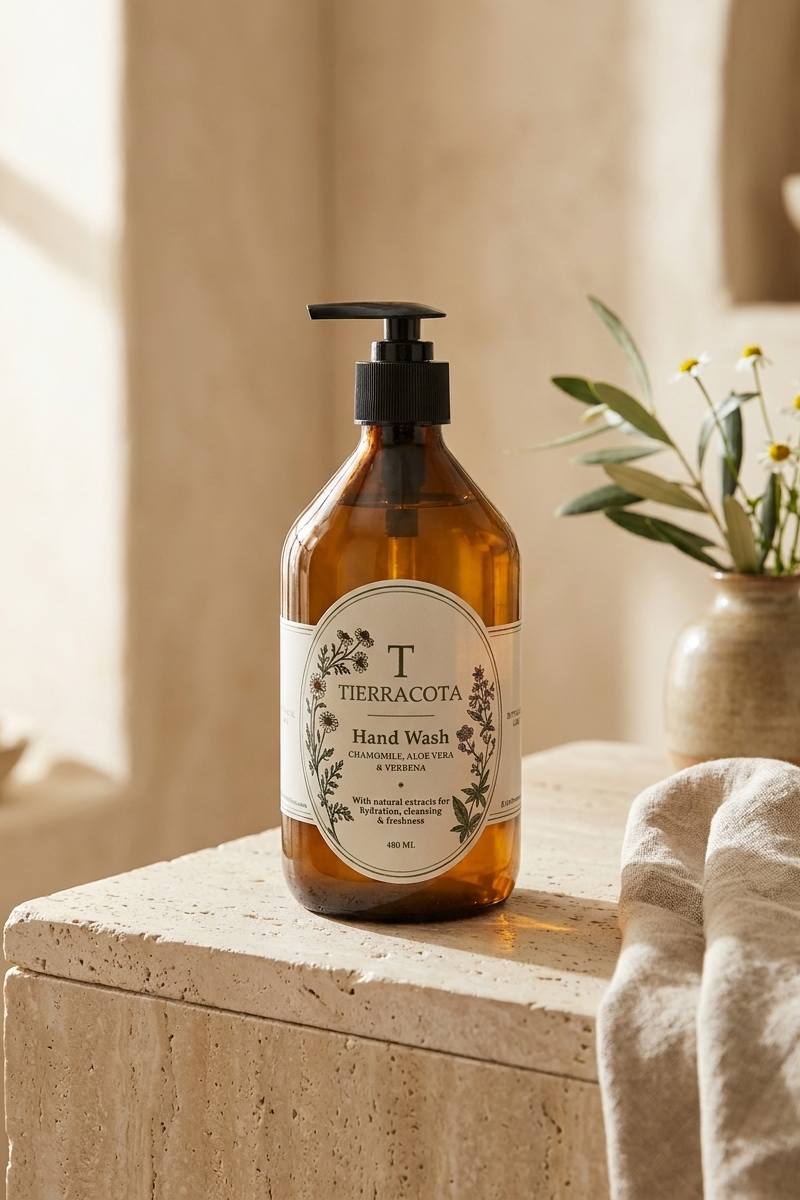 Hand Wash Tierracota de 480 ml con extractos de manzanilla, aloe vera y verbena en envase ámbar con dispensador.