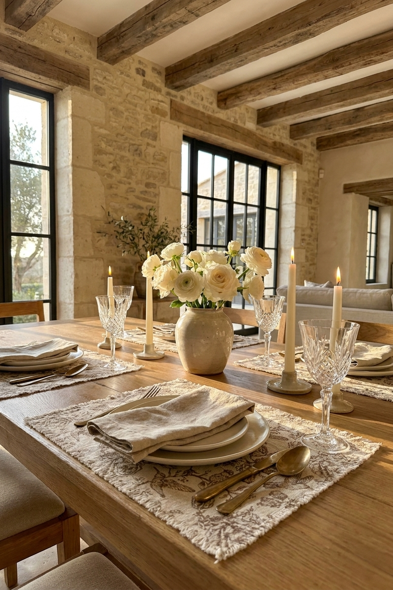 Individual de mesa botánico vintage en tela con diseño floral, ideal para decorar mesas de comedor con un estilo cálido y natural.