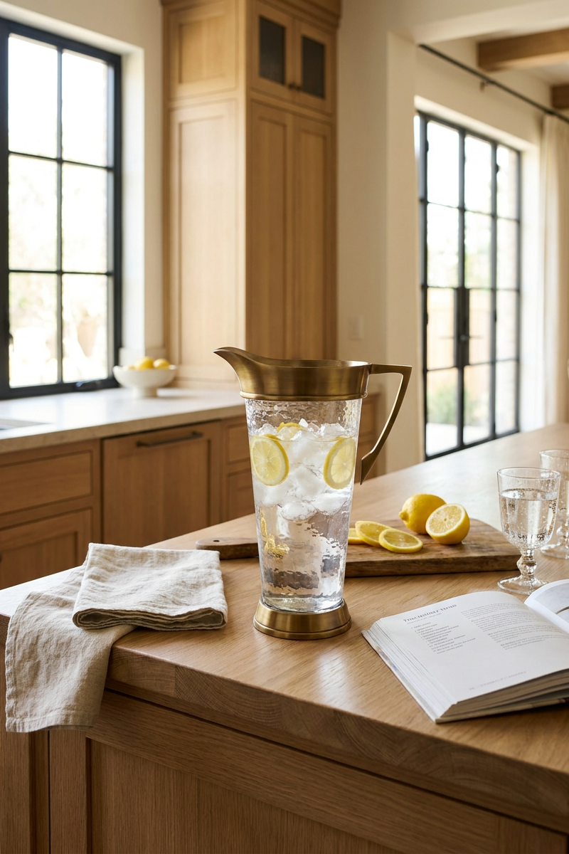 Jarra de vidrio con detalles en metal dorado envejecido, ideal para servir bebidas y decorar mesas con elegancia.