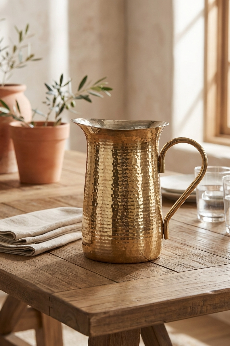 Jarra de metal con acabado dorado martillado, ideal para servir bebidas o decorar mesas con un estilo elegante.