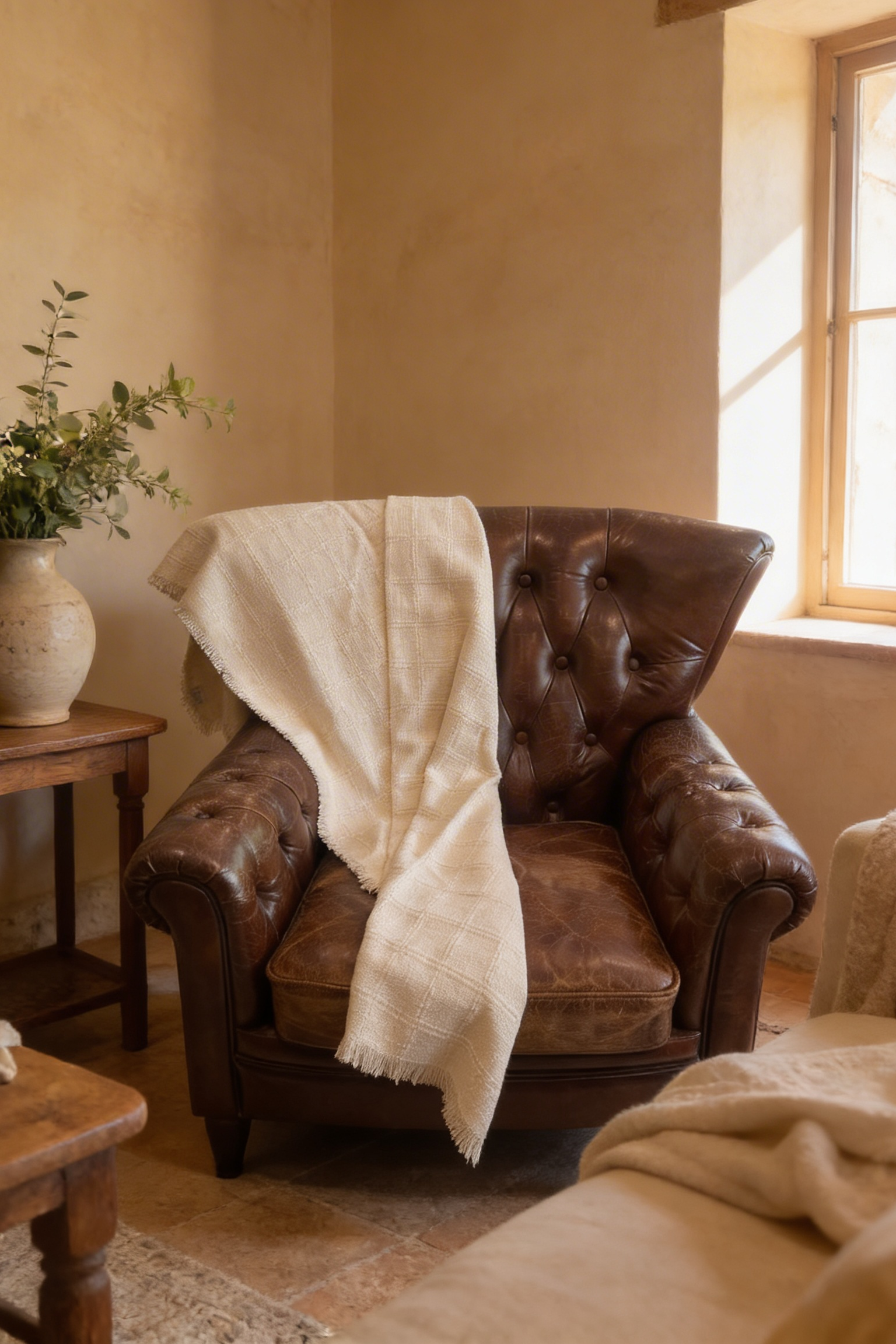 Manta tejida beige decorando un sillón de cuero en un ambiente cálido y acogedor.
