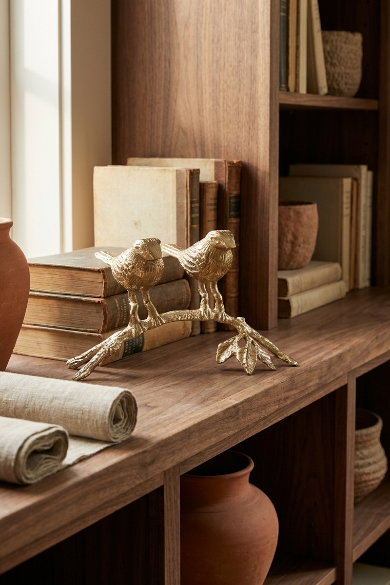 Figura decorativa de dos pájaros sobre una rama en metal dorado envejecido para bibliotecas, consolas y mesas.