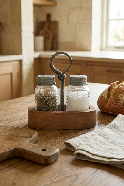 Set de salero y pimentero con recipientes de vidrio, base de madera natural y agarre metálico plateado envejecido.