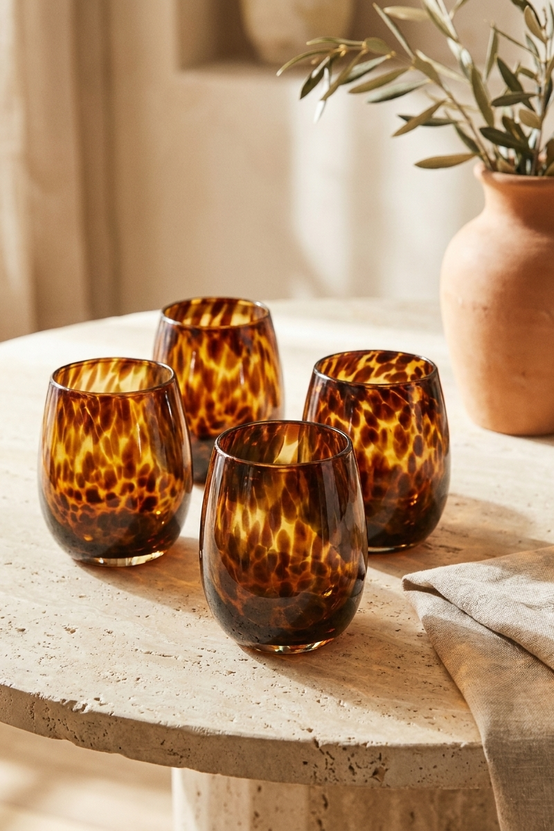 Vaso de vidrio con acabado leopardo en tonos ámbar para servir agua, jugos, cócteles y bebidas frías.