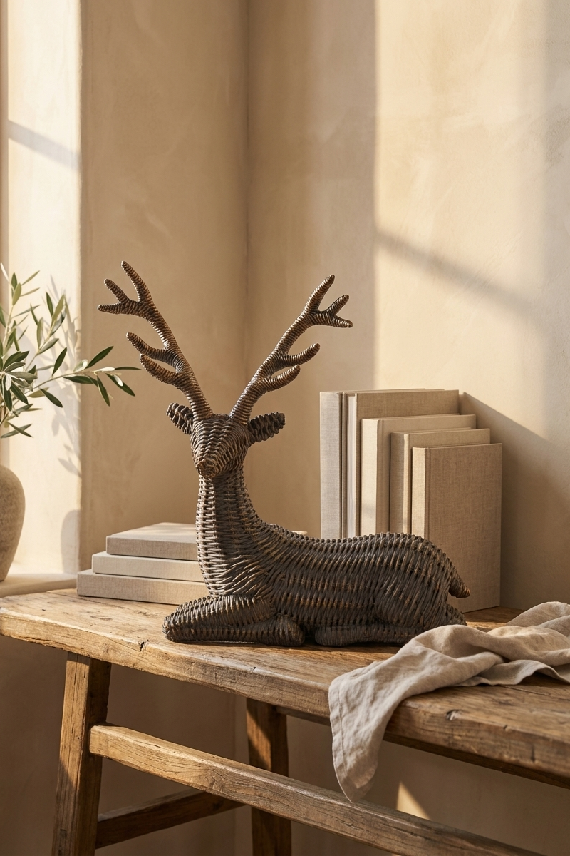 Venado decorativo gris elaborado en fibra tejida artesanal para decorar salas, consolas y bibliotecas.